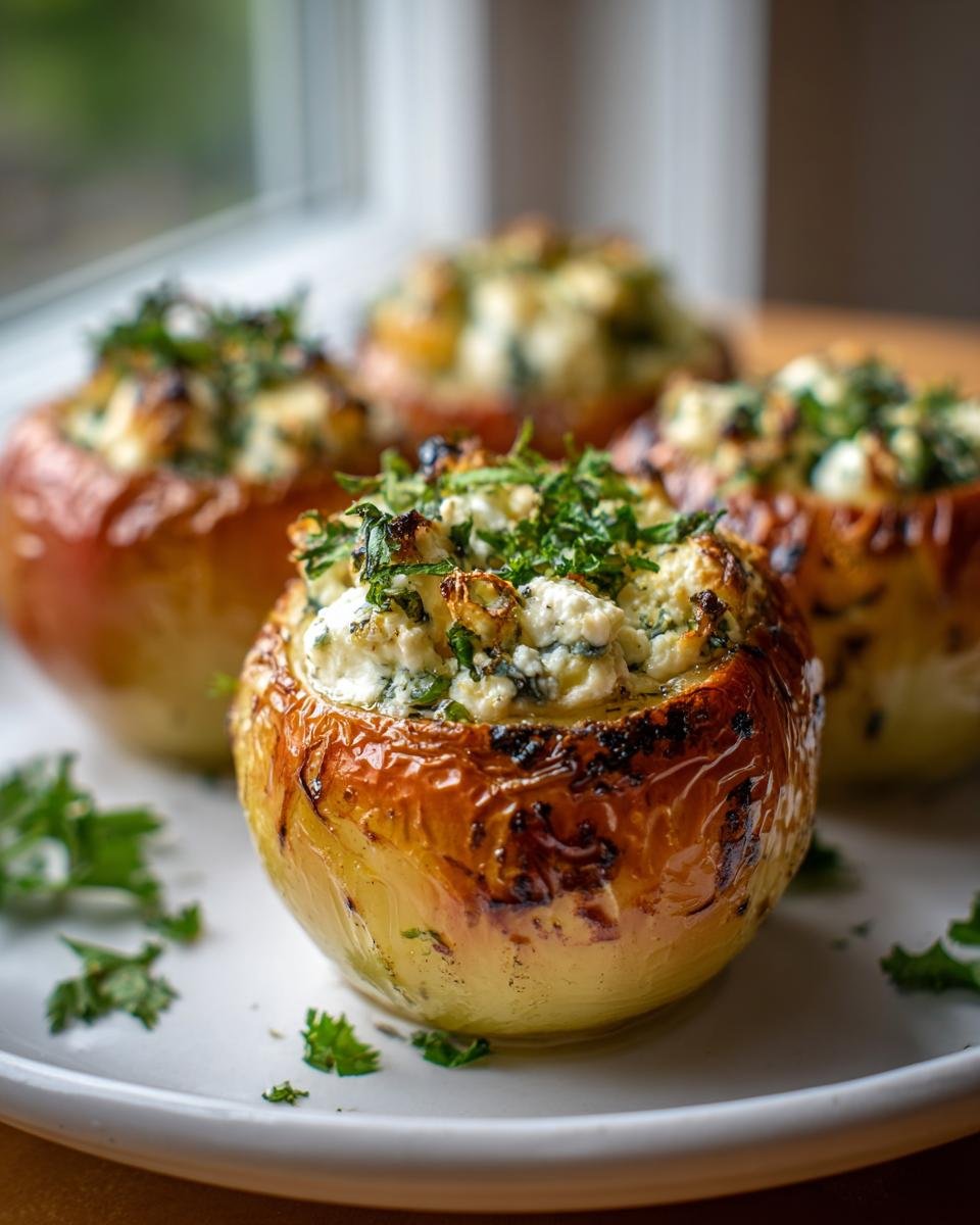 Four golden brown baked apples with a creamy feta and herb stuffing, ready to serve.
