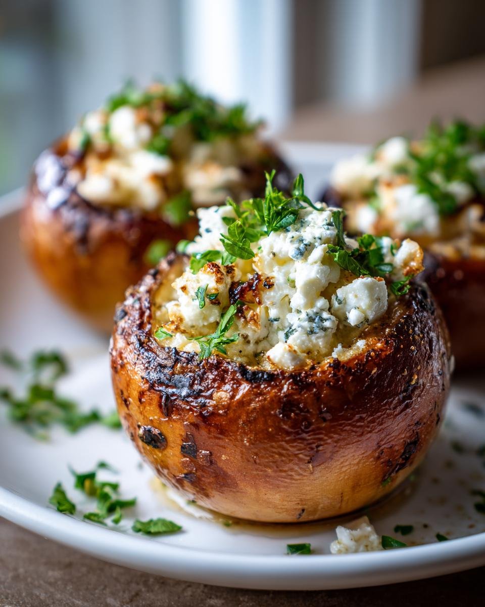 Close-up of a baked apple stuffed with a savory feta cheese mixture and topped with fresh parsley.