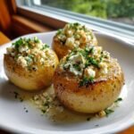 Three golden-brown baked apples with feta cheese crumbles and fresh parsley topping, served on a white plate.