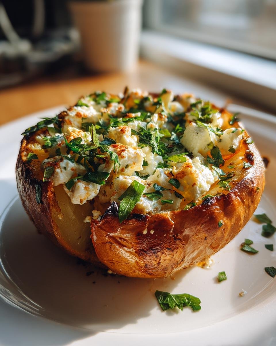 A single serving of Baked Apples With Feta, featuring a golden-brown baked apple stuffed with white feta cheese and sprinkled with fresh green herbs.