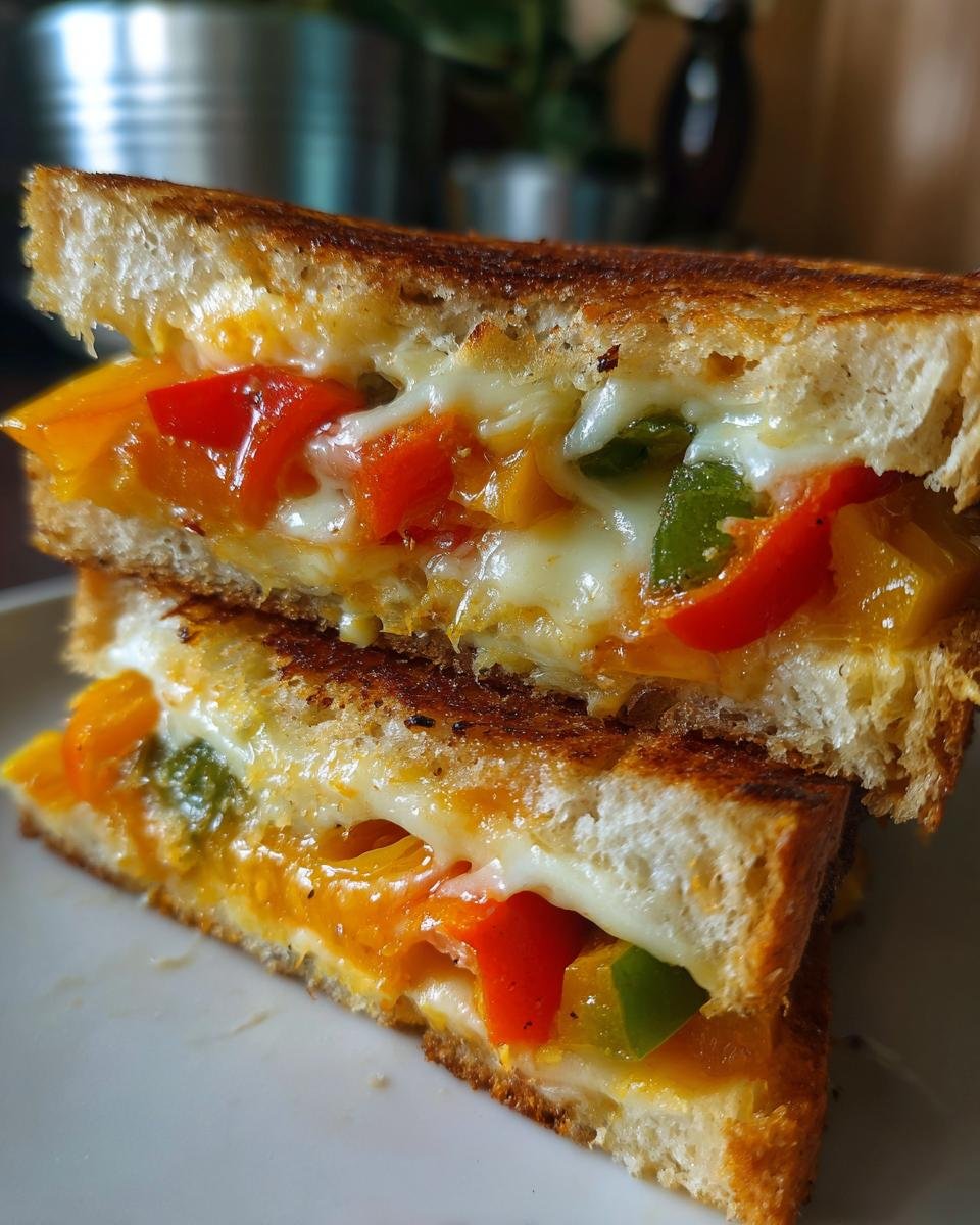 Close-up of a grilled Bell Pepper Sandwich cut in half, showing melted cheese oozing over colorful bell pepper strips.