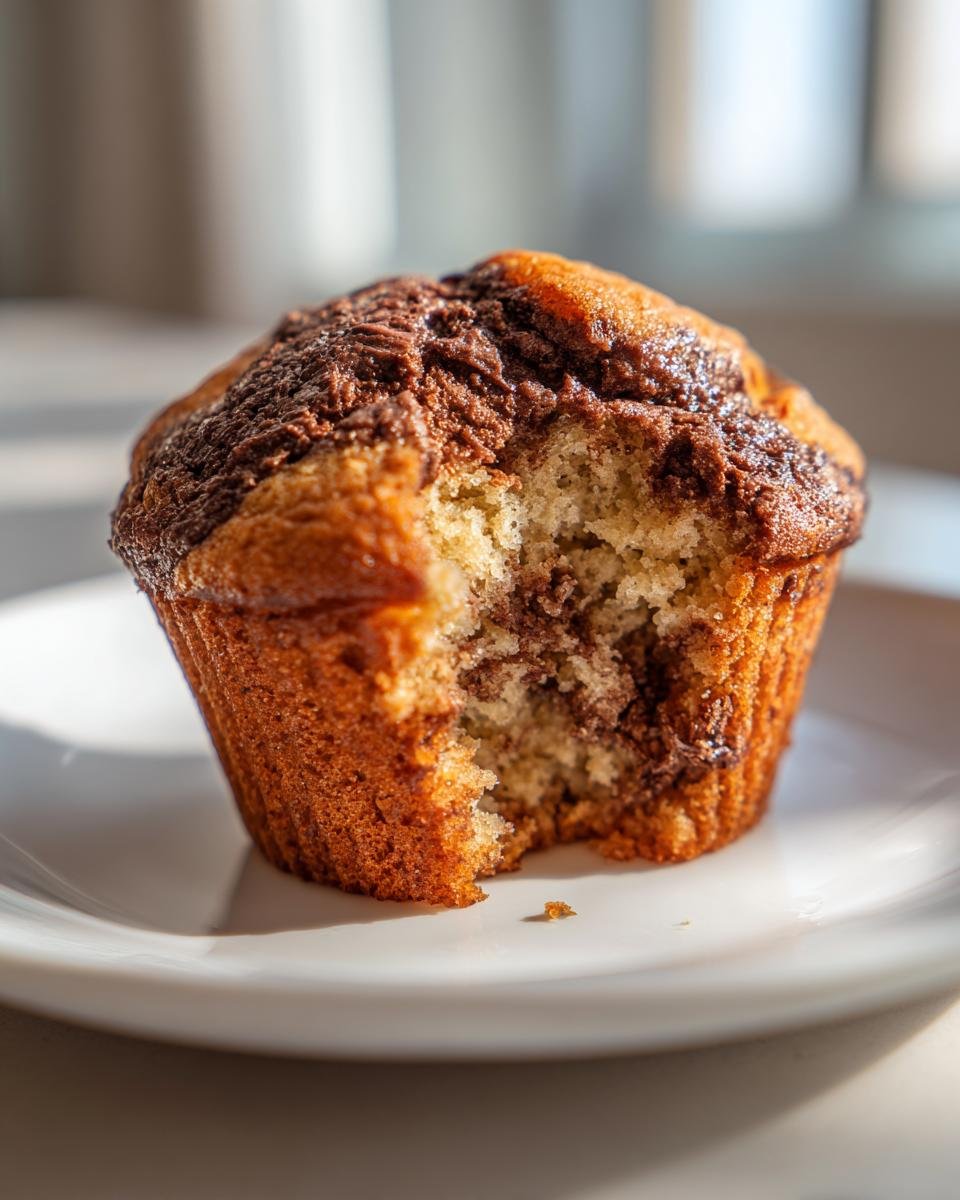 A close-up of a Chocolate Swirl Muffin with a bite taken out, revealing the moist interior and chocolate swirls.