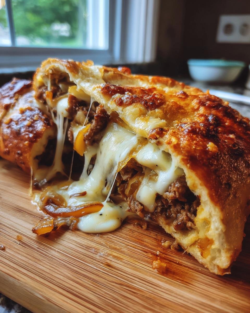Cross-section of a baked Cheesesteak Stromboli showing melted cheese stretching between two halves, filled with steak and onions.
