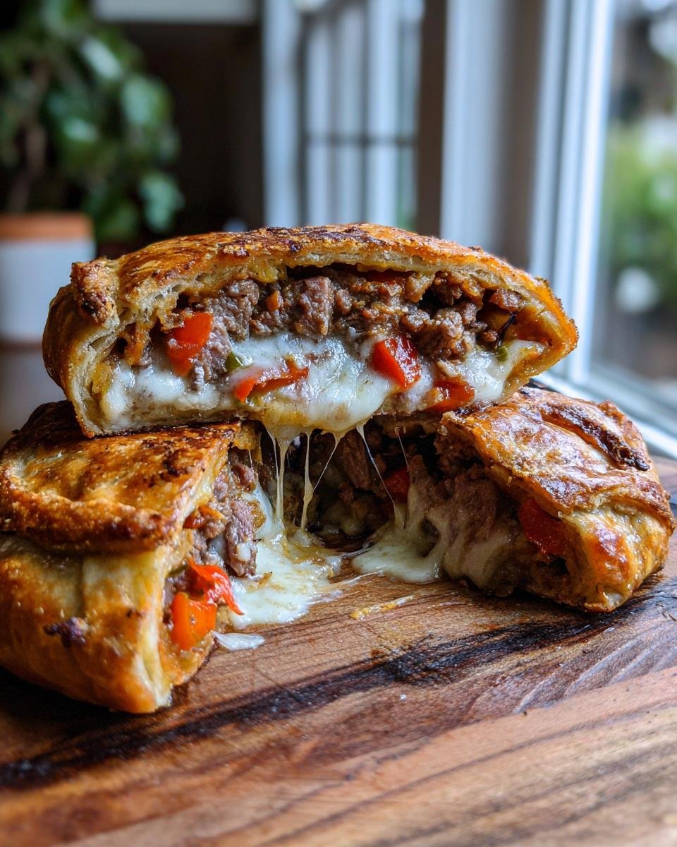 A close-up of a Cheesesteak Stromboli cut in half, showing gooey melted cheese stretching between the savory steak and pepper filling.