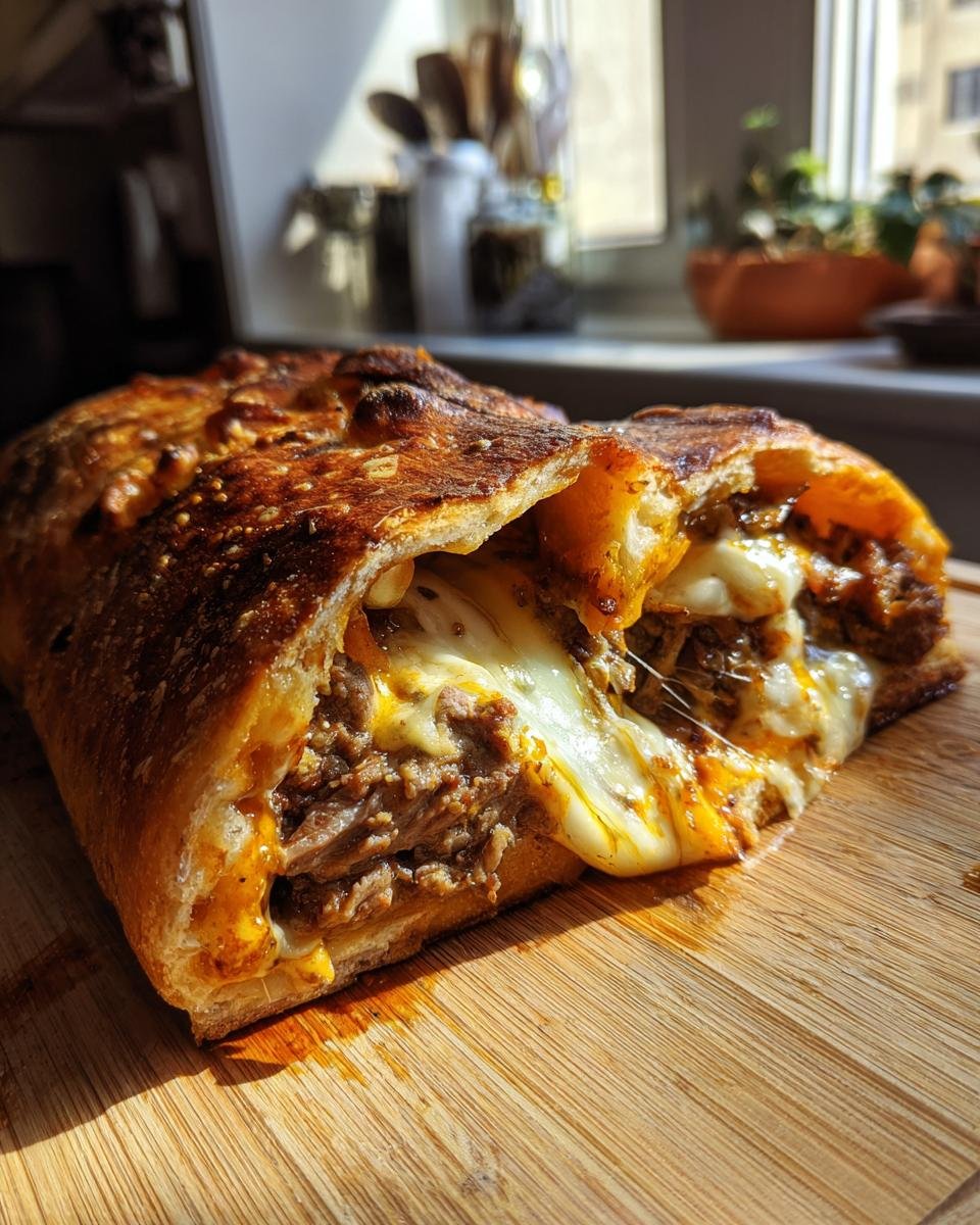 A cross-section of a golden-brown Cheesesteak Stromboli showing gooey, melted cheese stretching over savory steak filling.