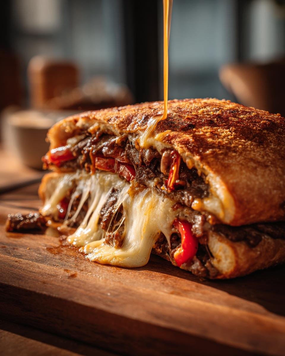 Cross-section of a Cheesesteak Stromboli showing melted, stringy cheese oozing out, with a sauce being drizzled on top.
