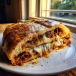 A cross-section of a golden-brown Cheesesteak Stromboli showing melted, stretchy cheese and savory steak filling.