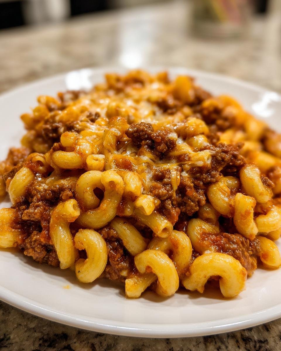 Close-up of a serving of cheesy Beef Macaroni with elbow pasta mixed in a rich tomato sauce with ground beef.