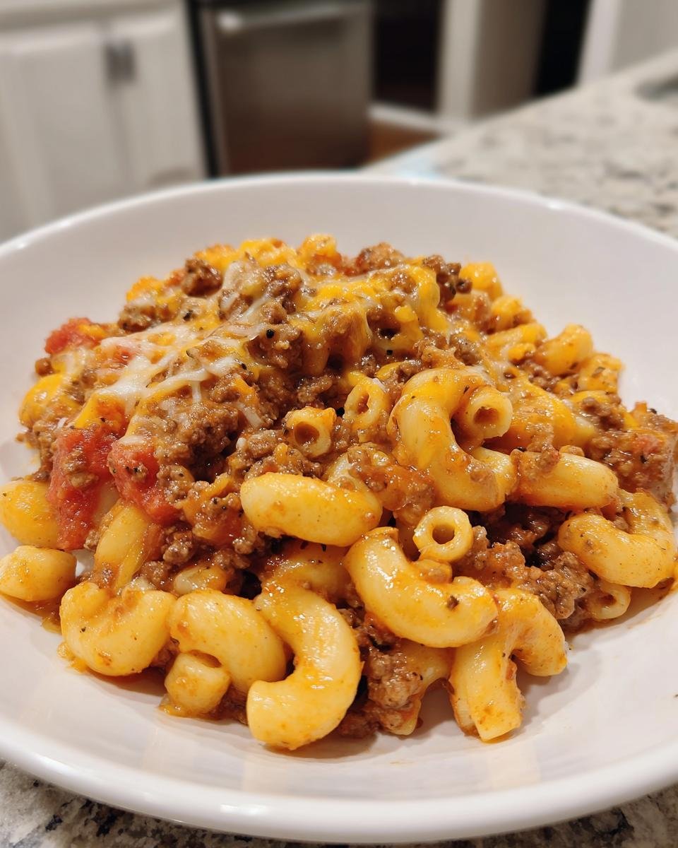 A close-up serving of cheesy Beef Macaroni featuring elbow pasta, ground beef, and melted cheddar cheese.