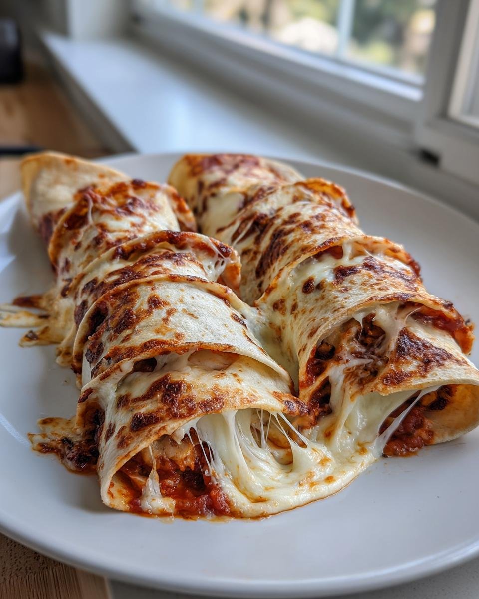 Close-up of several baked Tortilla Pizza Rolls oozing with melted, stretchy mozzarella cheese and pizza sauce.