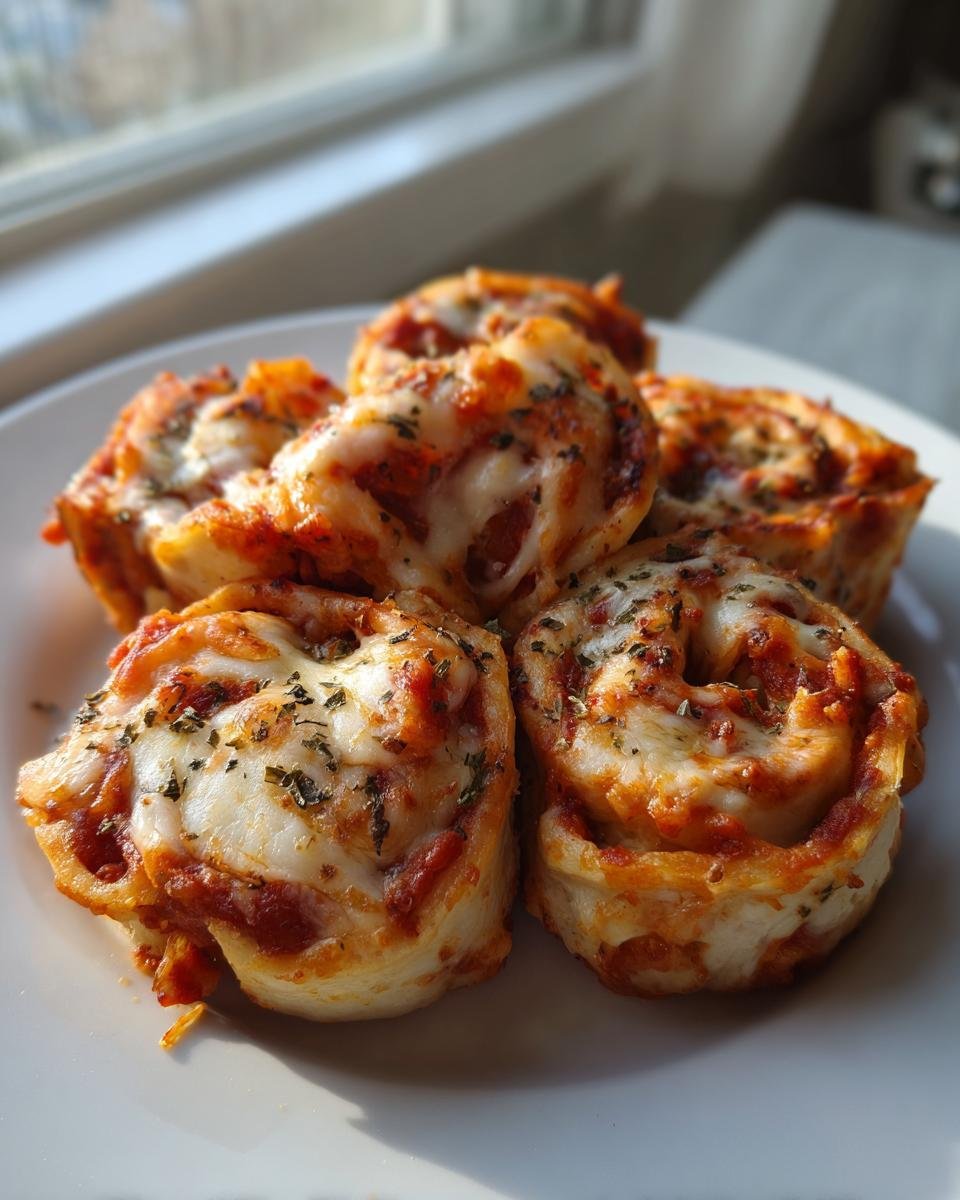 Five baked Tortilla Pizza Rolls piled on a white plate, topped with melted mozzarella and herbs.