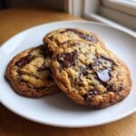 Close-up of three freshly baked, chewy Chocolate Chip Cookies with melted chocolate chunks on a white plate.
