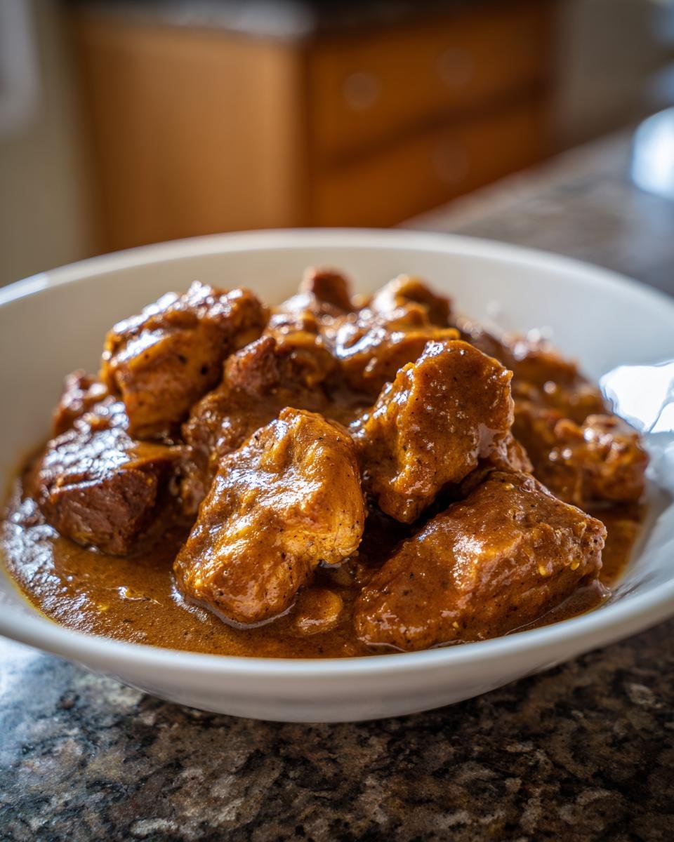 Close-up of tender pieces of Chicken And Gravy coated in a thick, savory brown sauce, served in a white bowl.