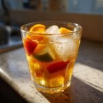 A chilled glass filled with Apple Cider Punch, ice cubes, and mixed fruit slices like oranges and strawberries.