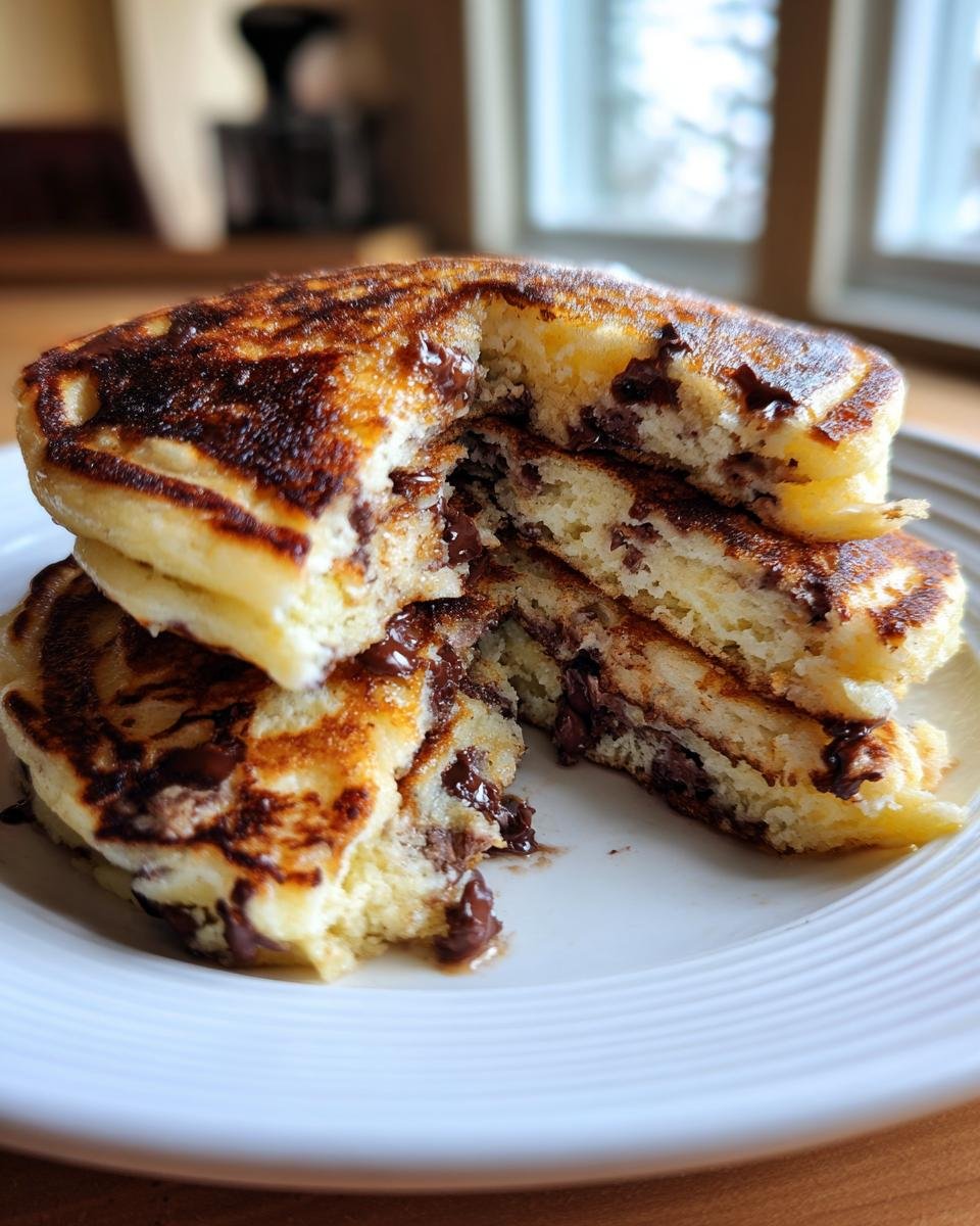 A stack of fluffy Chocolate Chip Pancakes cut in half, revealing melted chocolate chips inside.