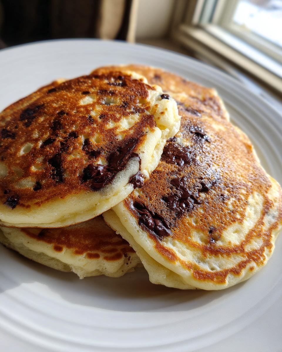 A close-up of a stack of golden brown Chocolate Chip Pancakes with melted chocolate visible on the surface.