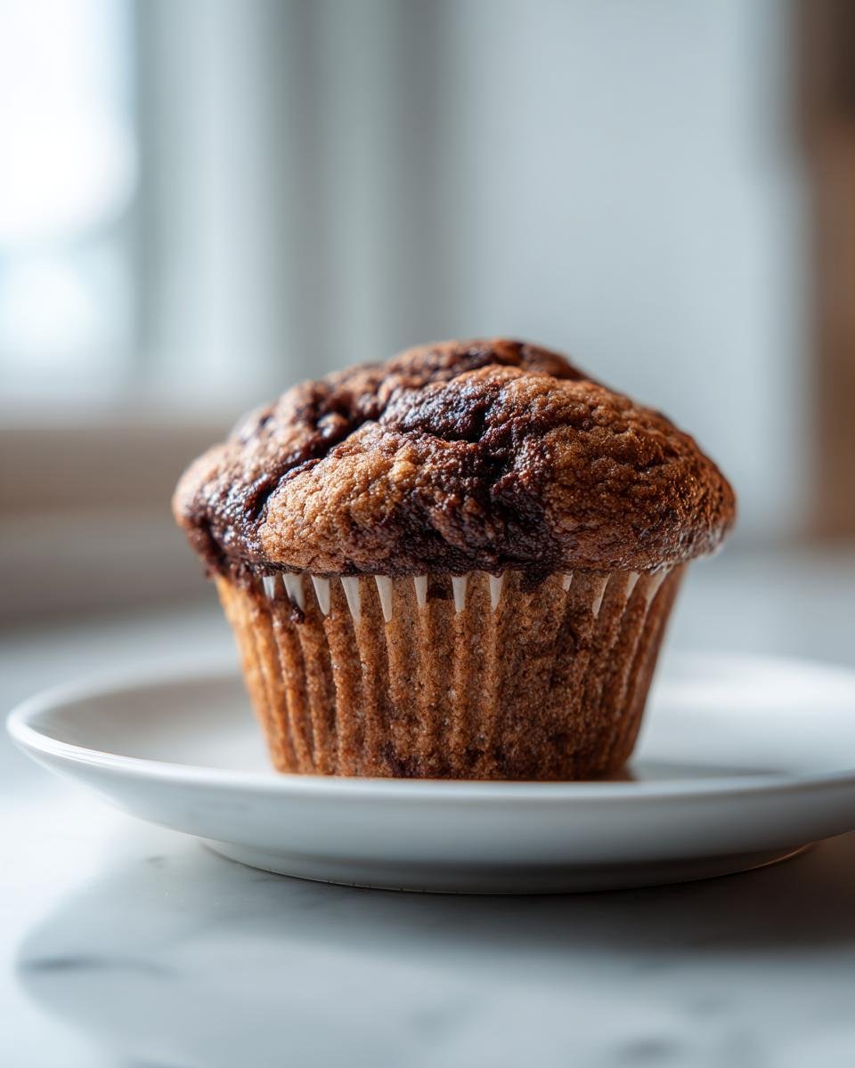 A single, freshly baked Chocolate Swirl Muffin sitting on a small white plate with a marbled surface.