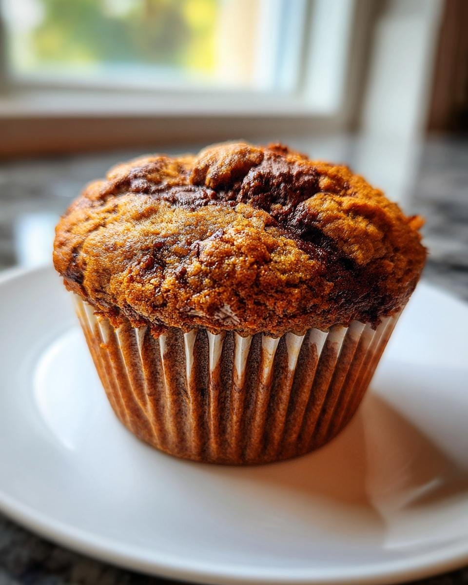 A single, freshly baked Chocolate Swirl Muffins sits on a white plate, showing a rich, browned top with visible chocolate streaks.