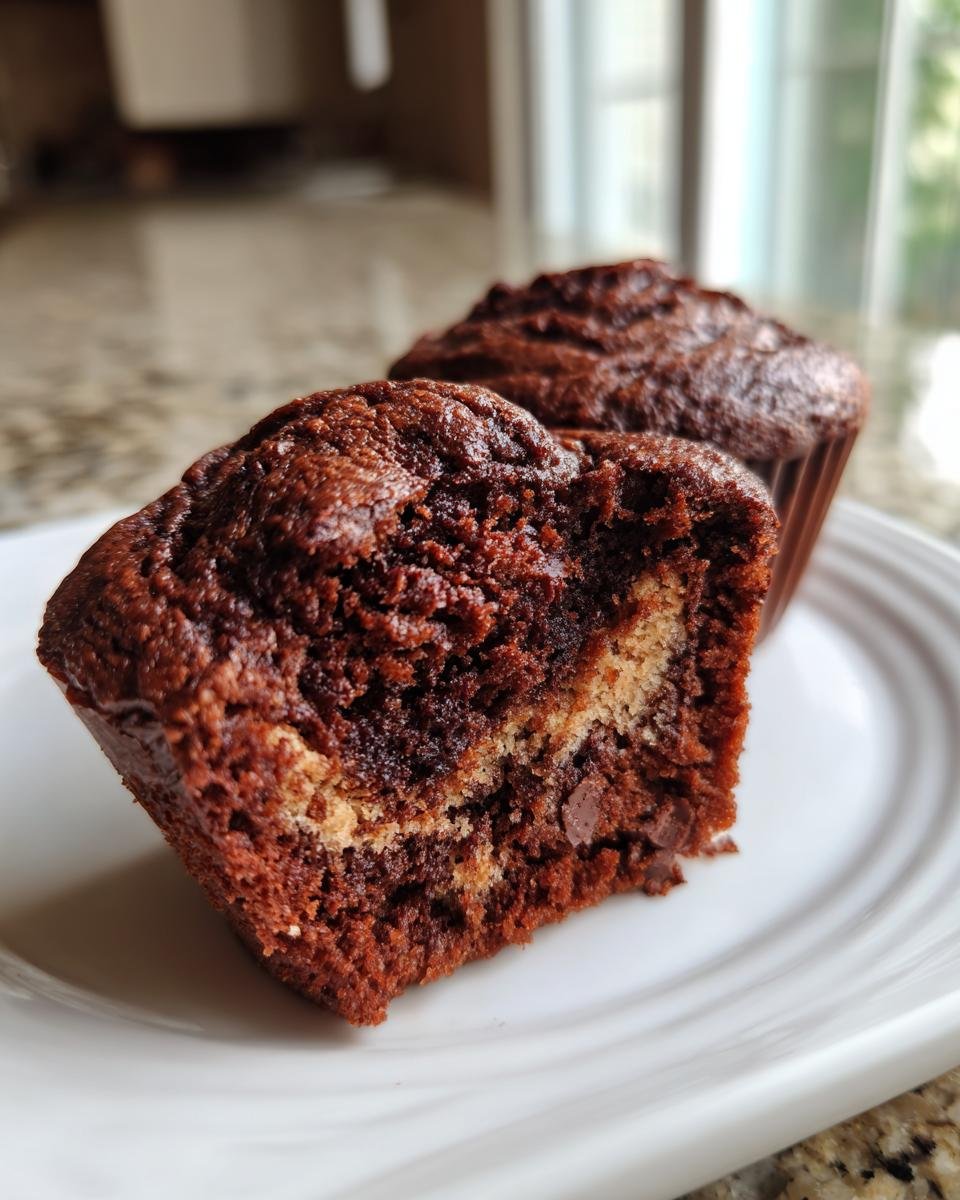 Close-up of a Chocolate Swirl Muffin cut in half showing the moist interior and light-colored swirl filling.