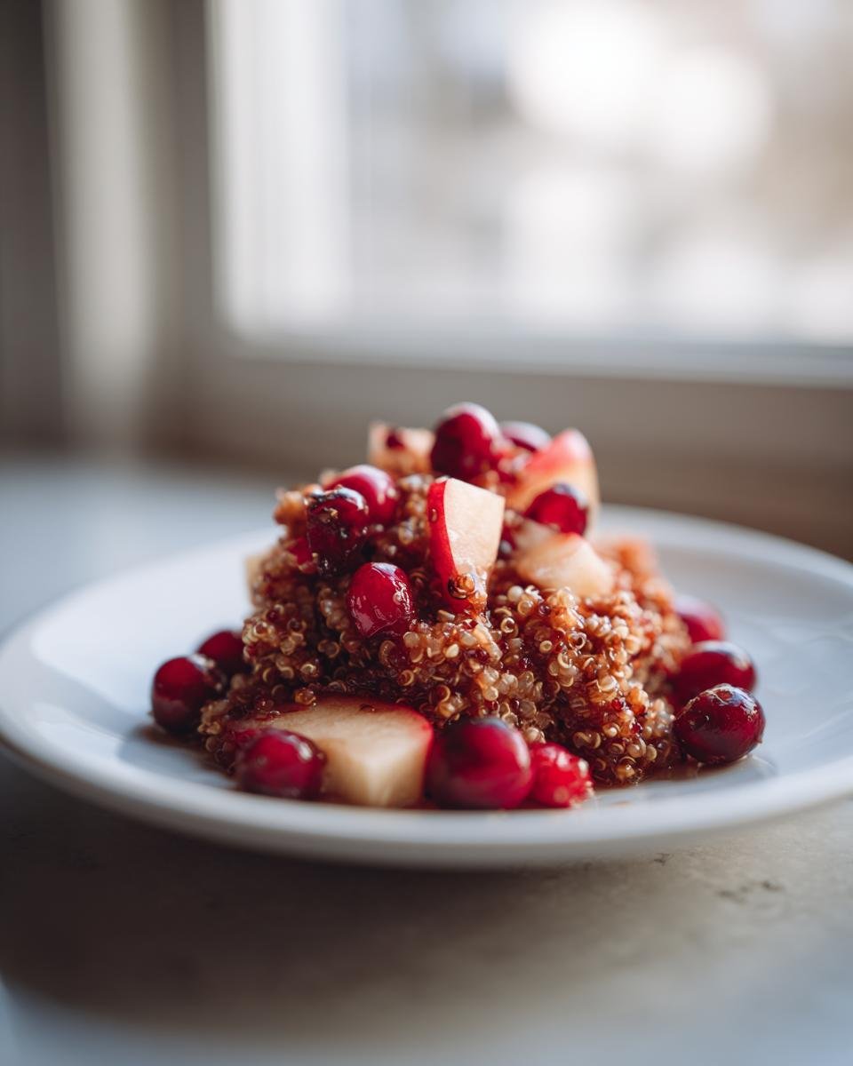 A close-up of a serving of Cranberry Apple Quinoa Salad, featuring red quinoa mixed with whole cranberries and diced apples, served on a white plate.