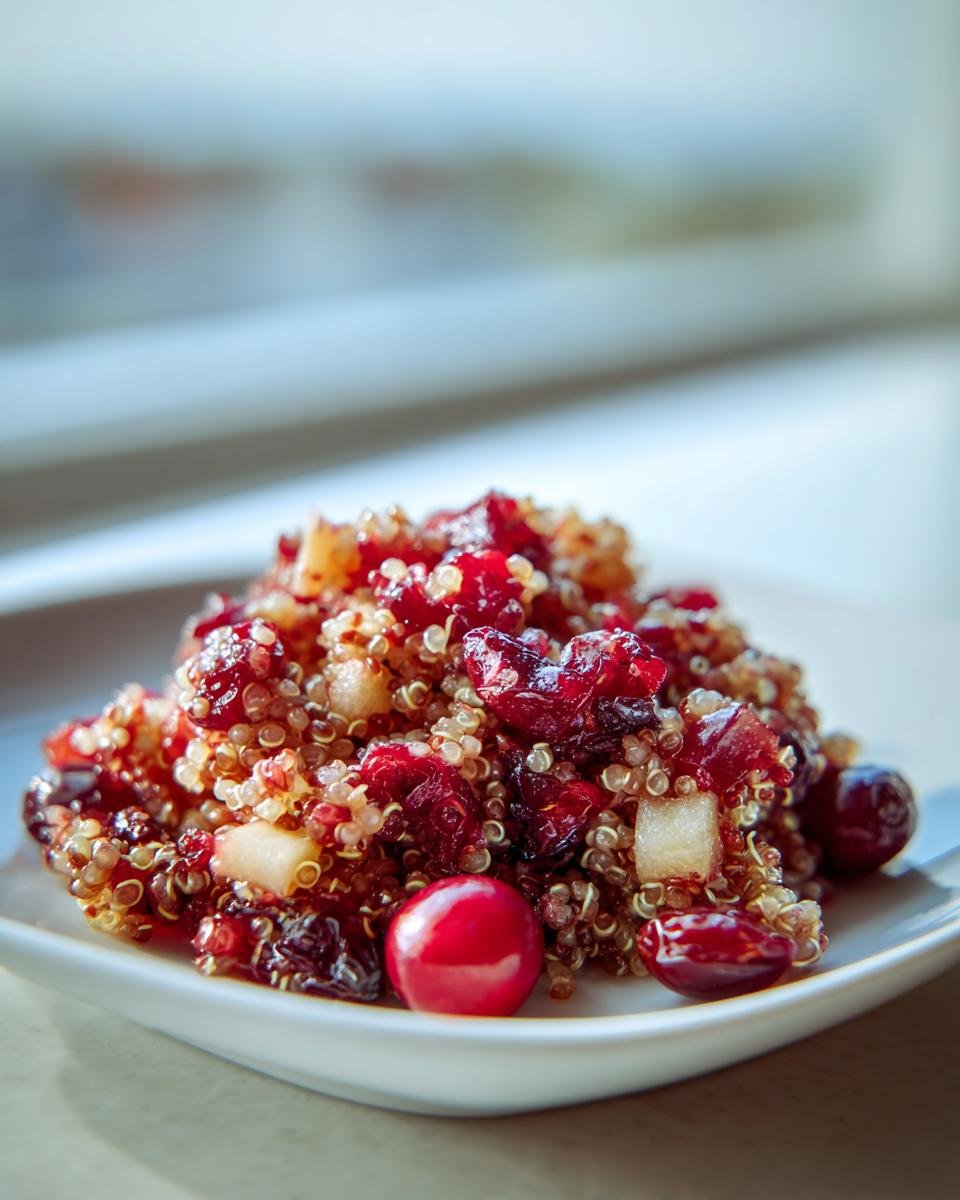 A close-up serving of Cranberry Apple Quinoa Salad featuring red quinoa, dried cranberries, diced apple, and fresh cranberries.