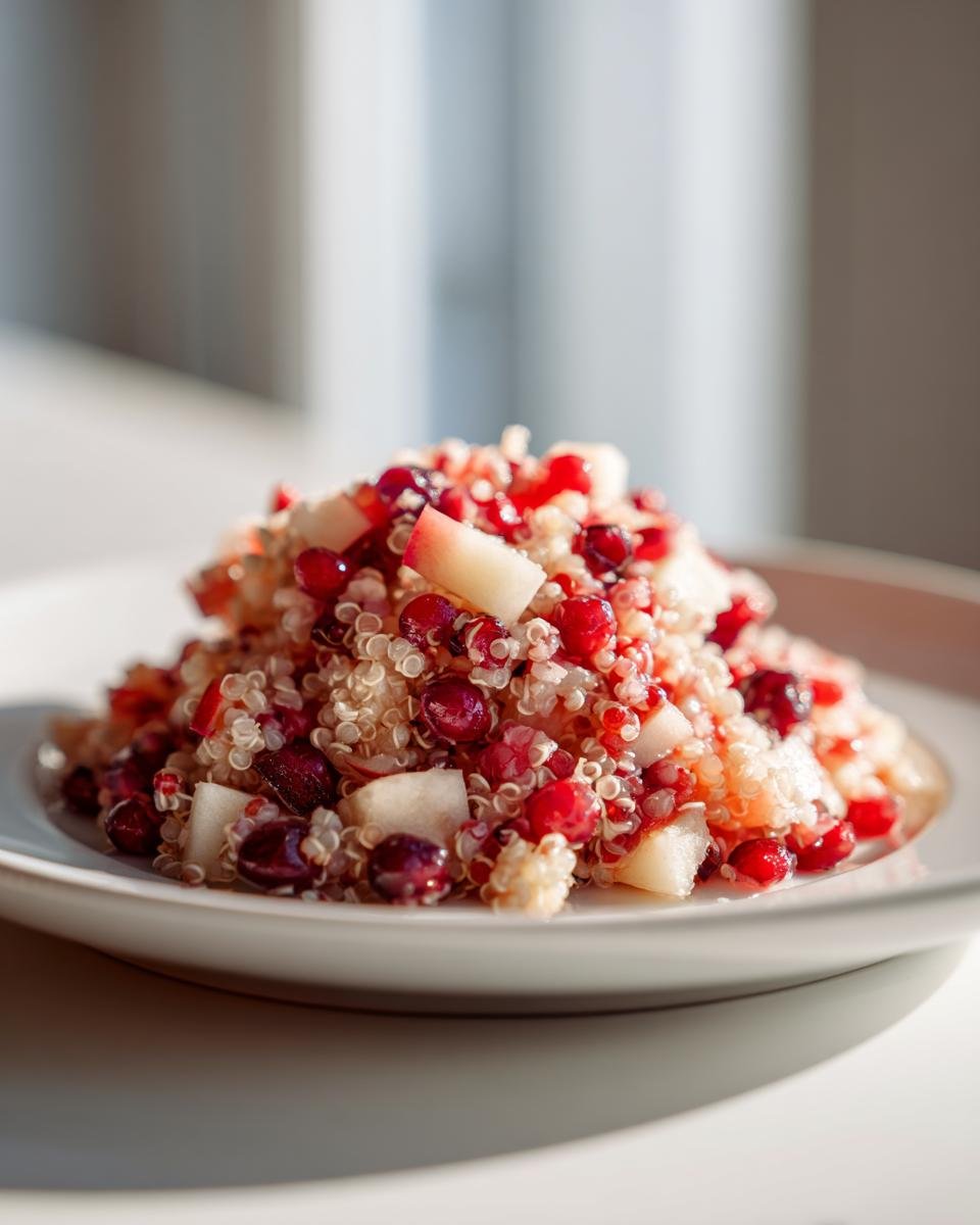 A mound of vibrant Cranberry Apple Quinoa Salad featuring white quinoa, red cranberries, and diced apple pieces on a white plate.