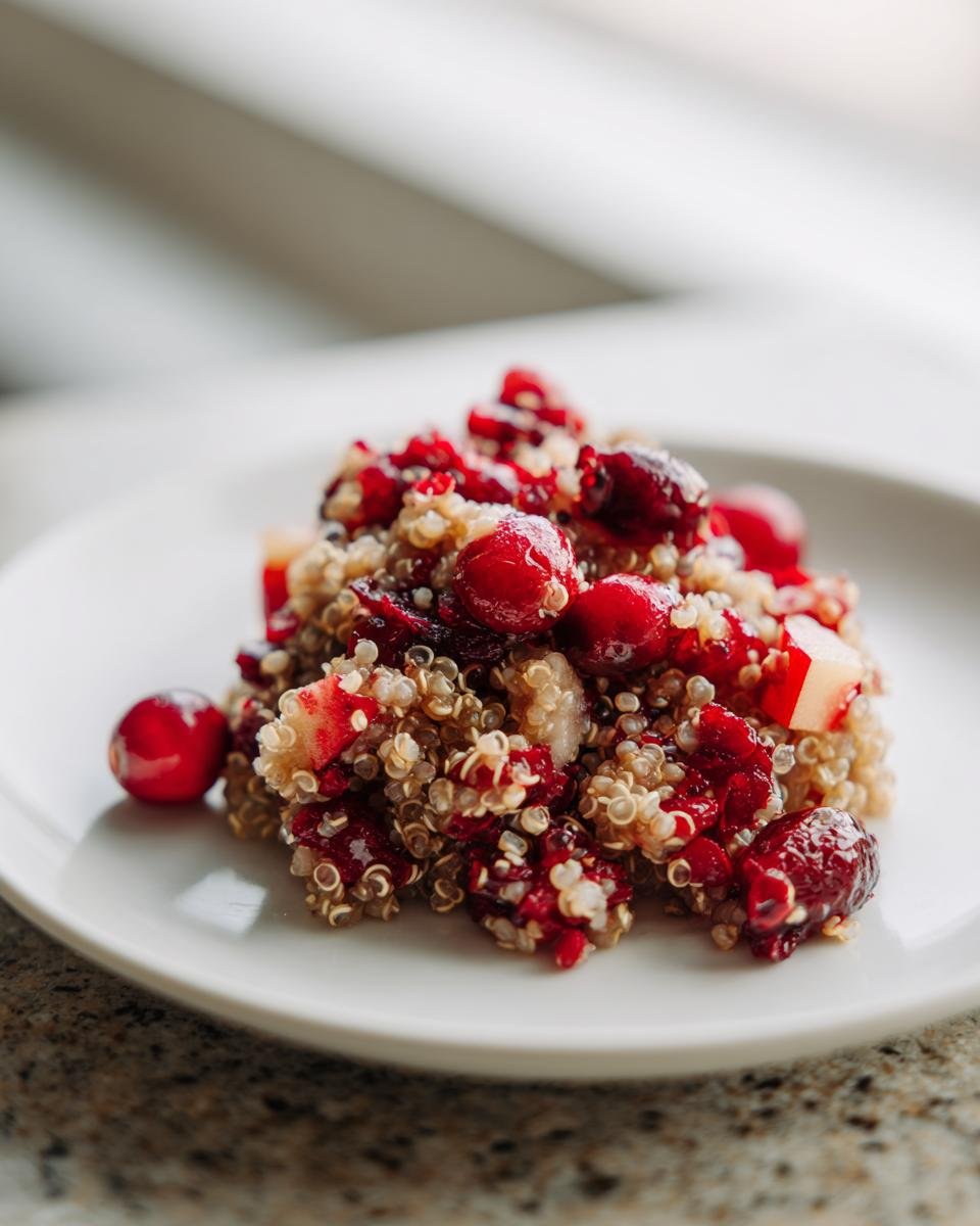 Close-up of a small serving of Cranberry Apple Quinoa Salad featuring red cranberries and white quinoa on a white plate.