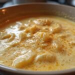 Close-up of a thick, creamy bowl of Potato Cheese Soup with visible chunks of potato and an orange spice dusting.