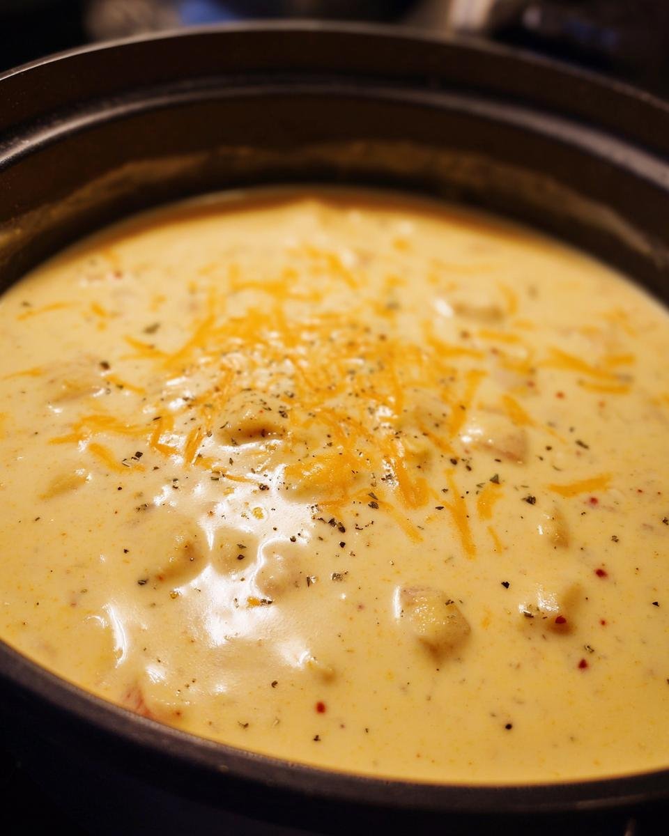 Close-up of rich Potato Cheese Soup in a dark pot, topped with melted shredded cheddar and cracked black pepper.