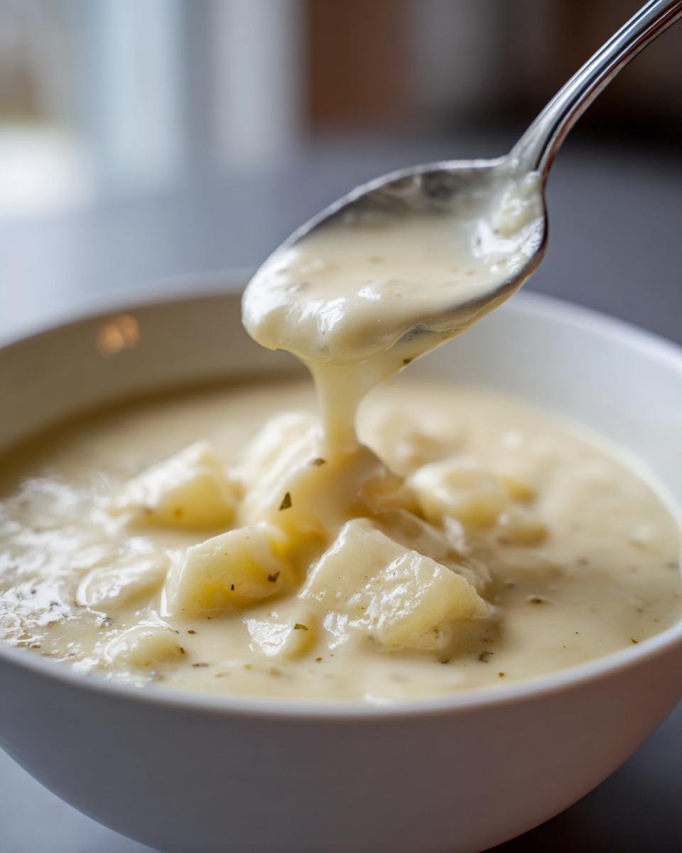 A spoonful of thick, creamy Potato Cheese Soup dripping back into a white bowl filled with chunks of potato.