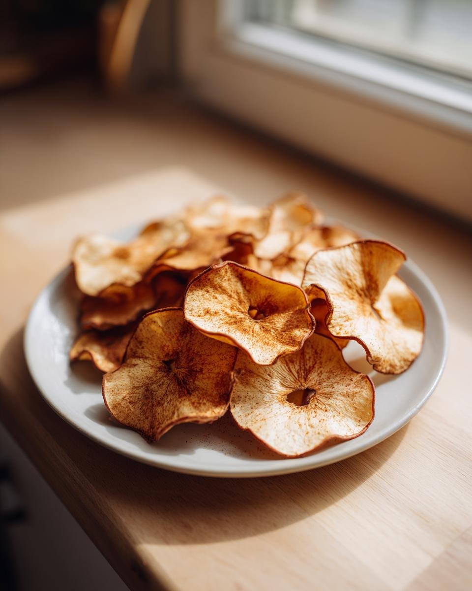 A plate piled high with crispy, baked Apple Chips dusted with cinnamon, sitting on a wooden counter near a window.