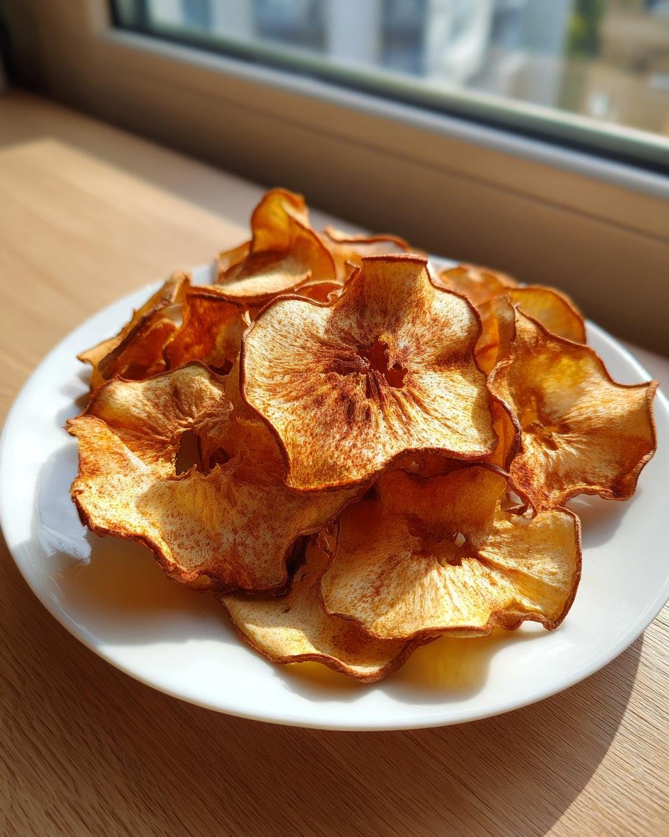A pile of golden brown, crispy homemade Apple Chips dusted with cinnamon, served on a white plate near a sunny window.