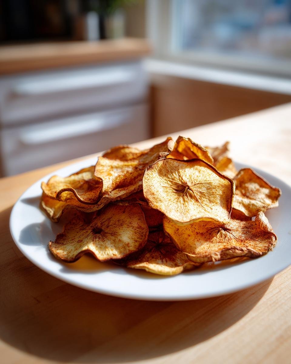 A close-up of crispy, cinnamon-dusted Apple Chips piled on a white plate in bright sunlight.