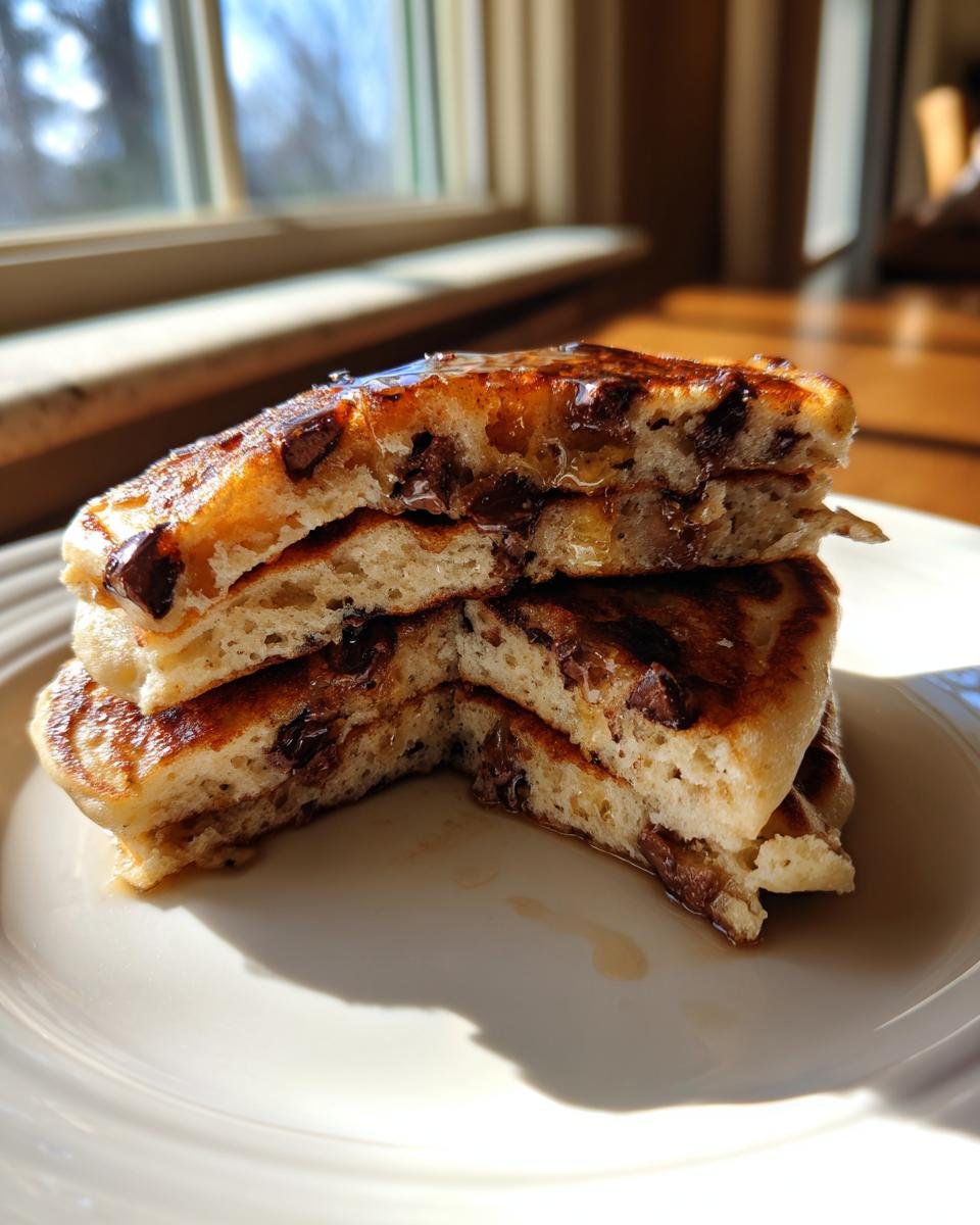 A stack of fluffy Chocolate Chip Pancakes cut in half, showing melted chocolate chips and drizzled with syrup, backlit by a window.
