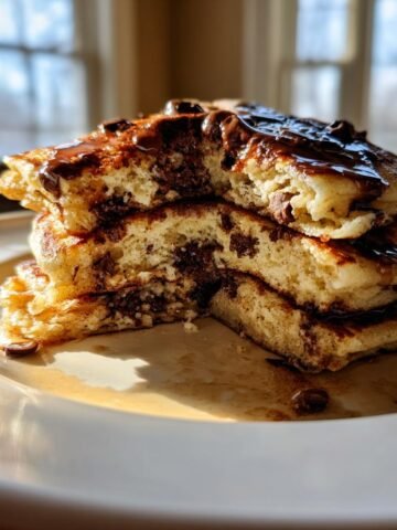 A stack of three fluffy Chocolate Chip Pancakes, cut open to show melted chocolate chips inside, drizzled with syrup.