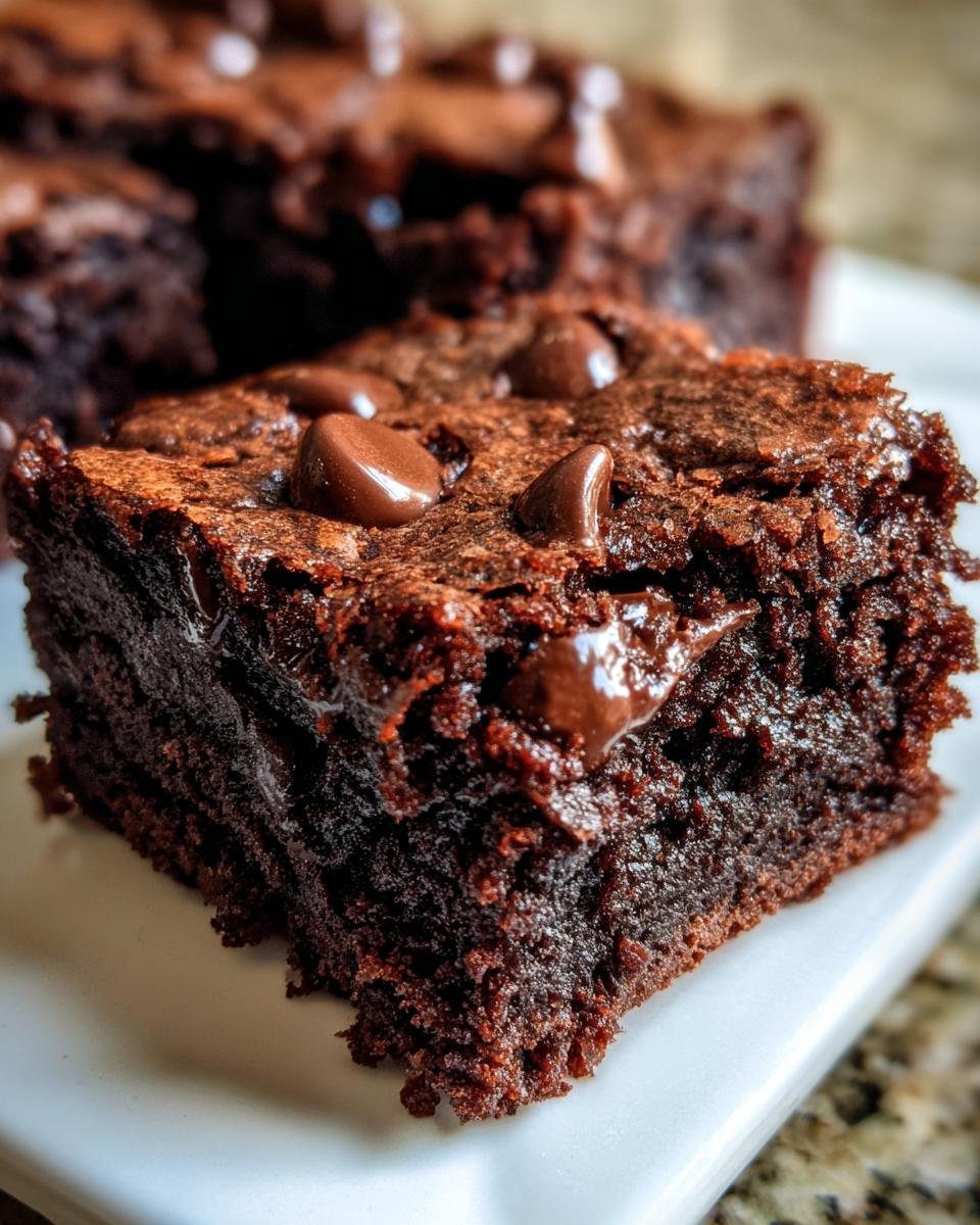 A close-up, decadent bite of fudgy M M Brownies topped with melted chocolate chips on a white plate.