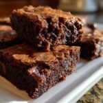 Close-up of fudgy M M Brownies stacked on a white plate, showing a shiny, crackly top and moist interior.