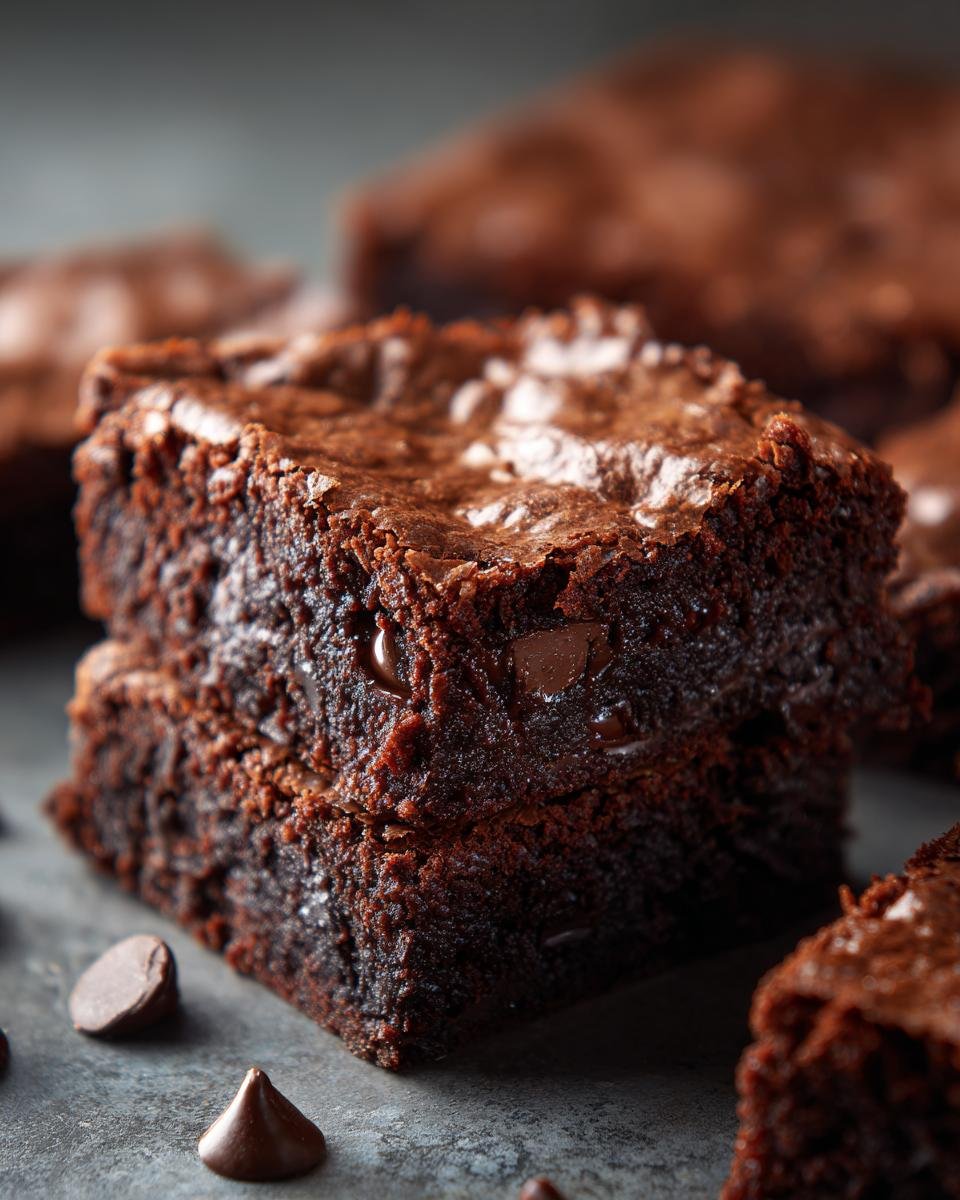 Close-up of two stacked, fudgy M M Brownies squares with a shiny top and visible chocolate chips.