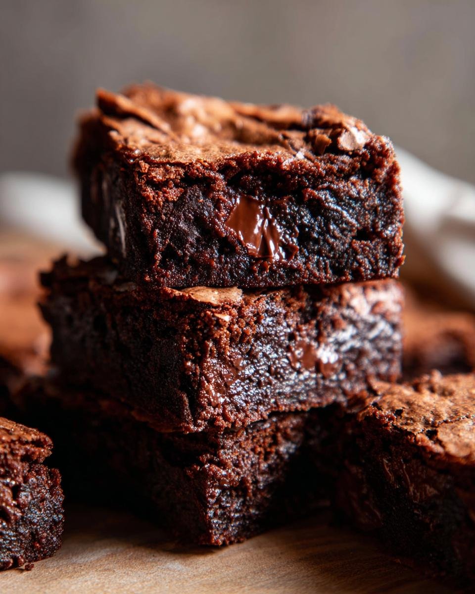 Close-up of a stack of fudgy M M Brownies showing a gooey melted chocolate chip in the center.
