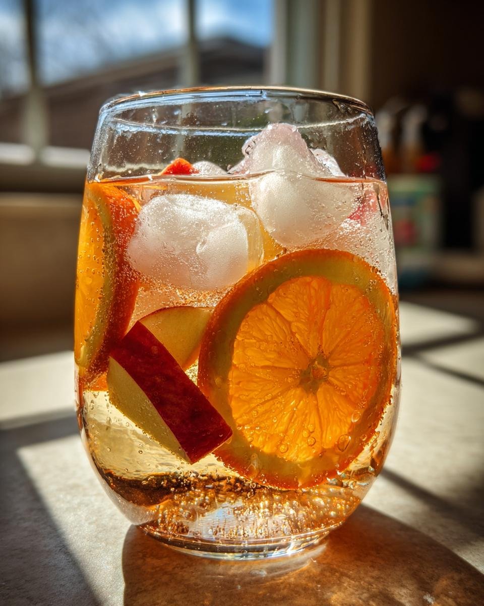 Close-up of a glass filled with sparkling Apple Cider Punch, ice cubes, orange slices, and apple wedges.
