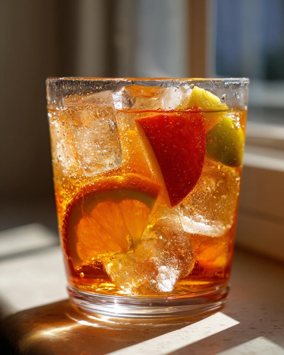 Close-up of a glass filled with bubbling Apple Cider Punch, ice cubes, and slices of orange, apple, and lime.