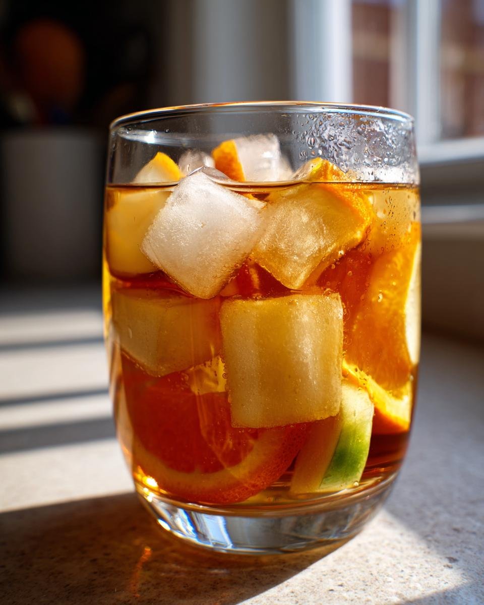 Close-up of a glass filled with cold Apple Cider Punch, ice cubes, and slices of orange and green apple.