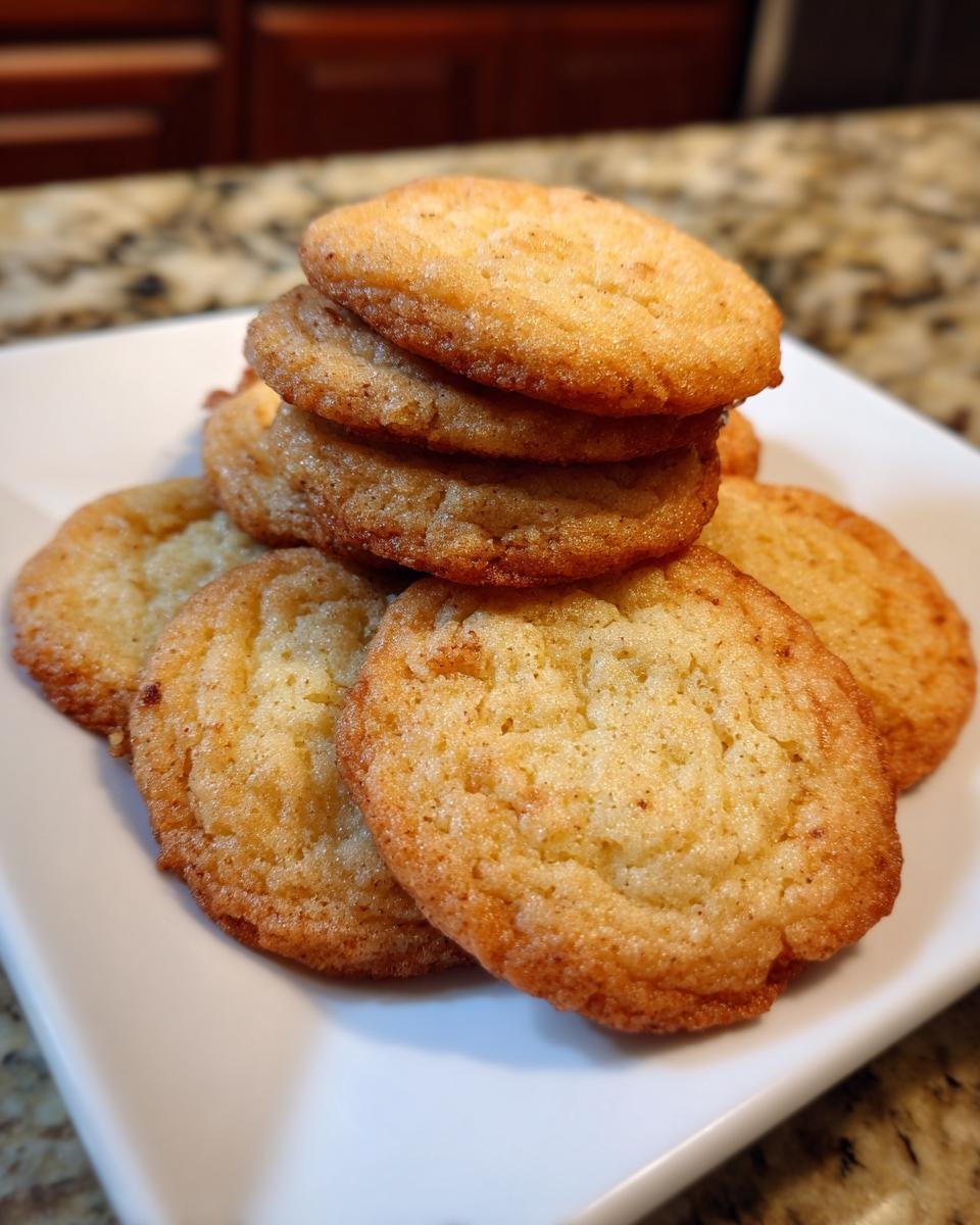 A stack and pile of golden brown, chewy Cake Mix Cookies served on a white square plate.