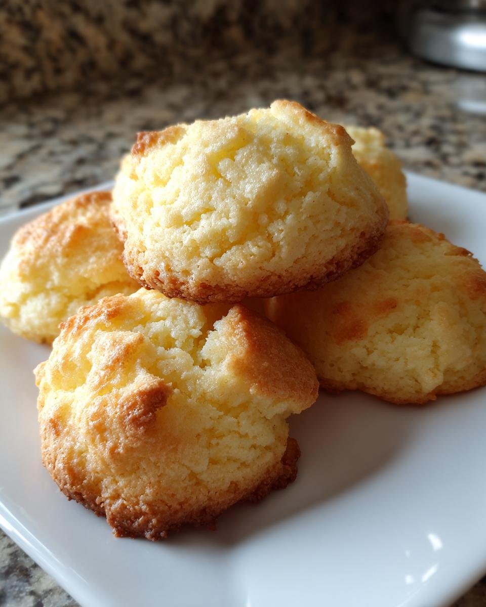 A close-up of several golden brown Cake Mix Cookies piled on a white square plate.