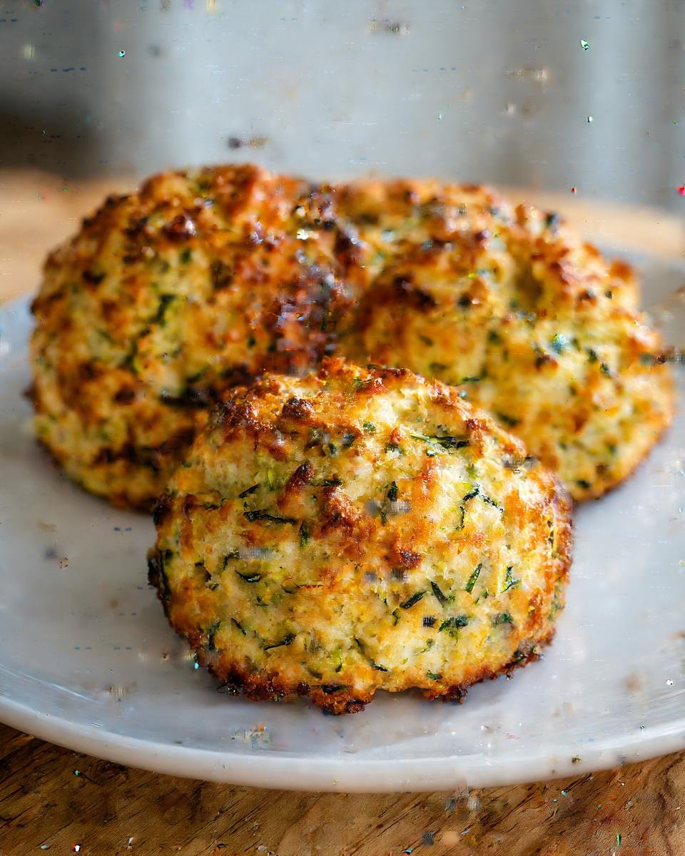 Close-up of three freshly baked Zucchini Scones with visible green shreds of zucchini and a golden-brown crust.