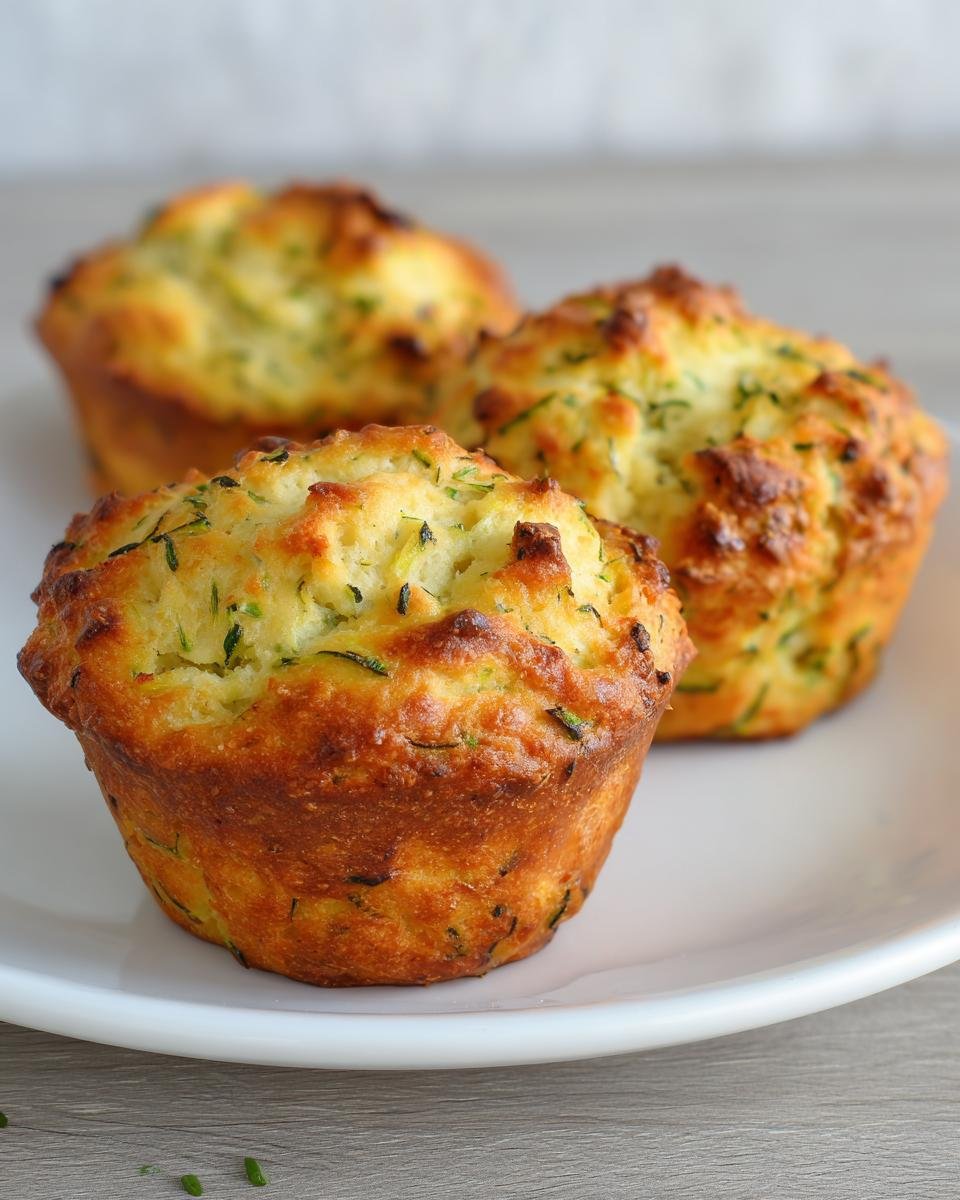 Three golden brown Zucchini Scones with visible green shreds of zucchini on a white plate.