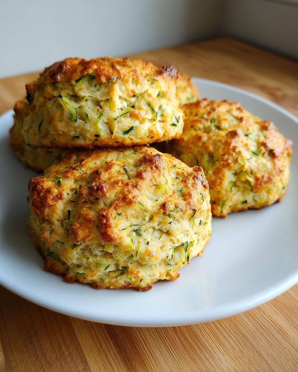 Four freshly baked Zucchini Scones stacked slightly on a white plate, showing visible shreds of green zucchini.
