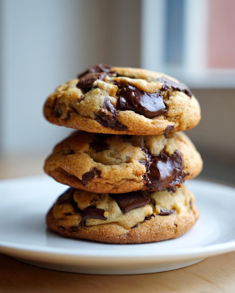 A vertical stack of three soft, freshly baked Chocolate Chip Cookies with melted chocolate chunks.