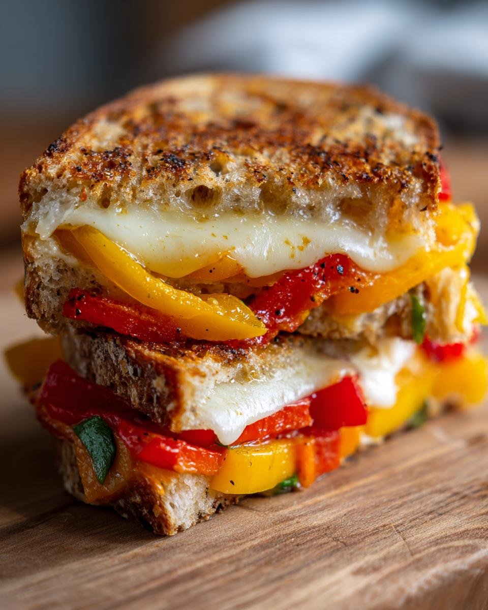 A cross-section of a grilled Bell Pepper Sandwich showing layers of toasted bread, melted white cheese, and saut&eacute;ed red and yellow bell peppers.