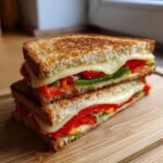 Two halves of a grilled Bell Pepper Sandwich stacked, showing melted cheese and colorful roasted bell peppers inside toasted bread.